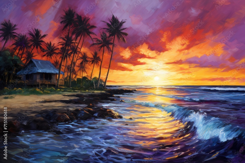  a painting of a sunset over the ocean with palm trees and a hut on the shore of a tropical island.