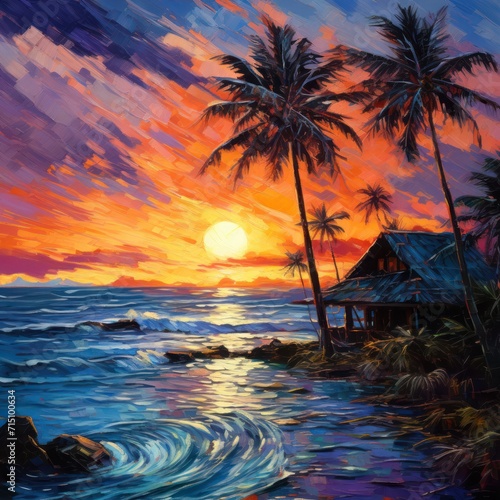  a painting of a sunset over the ocean with a hut and palm trees in the foreground and a wave in the foreground.