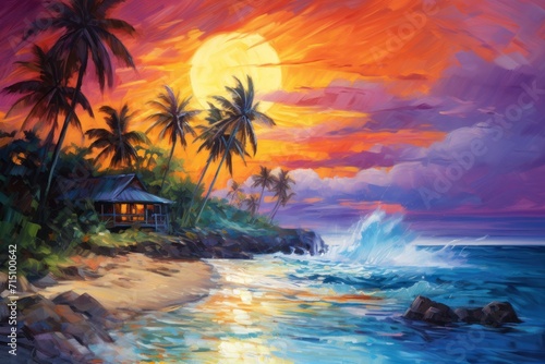  a painting of a sunset over the ocean with palm trees and a hut on the shore of a tropical island.
