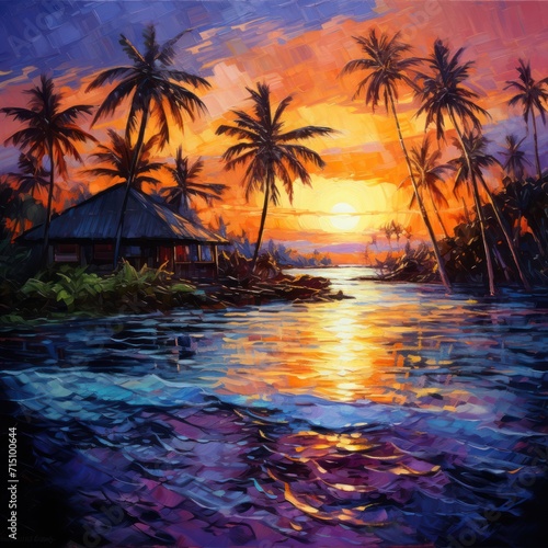  a painting of a tropical sunset with palm trees in the foreground and a hut on the other side of the water.