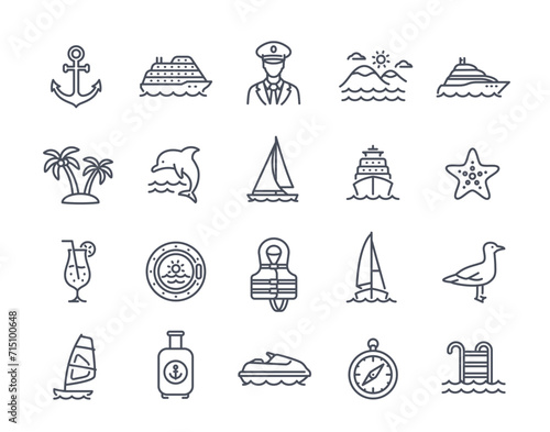 Sea Travel line icons set. Cruise liner, yacht, seagull, sailboat and tropical islands. Design element for application or website. Outline simple vector collection isolated on white background