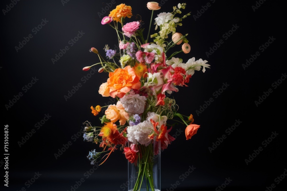  a vase filled with lots of colorful flowers on top of a black table next to a white vase filled with pink, orange, and white flowers.