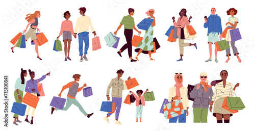 Set of people with shopping bags. Happy men and women shopaholics making purchases in mall. Seasonal sale, discounts or black friday. Cartoon flat vector illustrations isolated on white background.