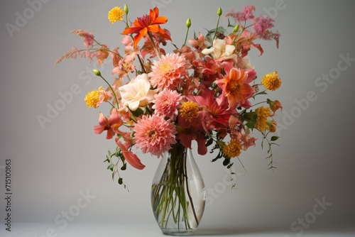  a vase filled with lots of colorful flowers on top of a white table with a gray wall in the background.