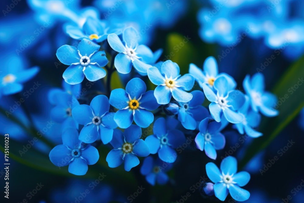  a bunch of blue flowers sitting on top of a lush green leaf filled field of flowers on a sunny day.