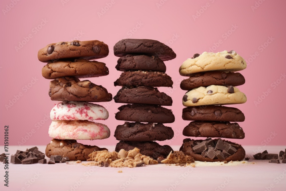  a stack of cookies and cookies with chocolate chips on the bottom and a pink background with a pink wall in the background.