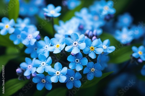  a bunch of blue flowers with green leaves in the foreground and a blue flower in the middle of the frame.