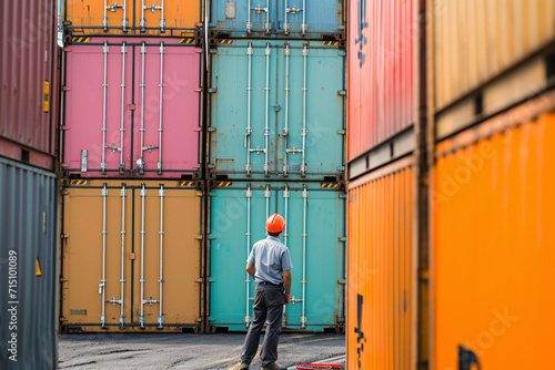 A port worker checks the management of shipping containers.