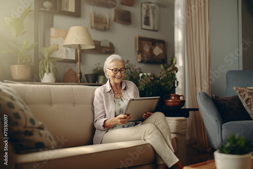 Modern older woman shopping online with digital tablet or smartphone  background with empty space for text. © Chebix