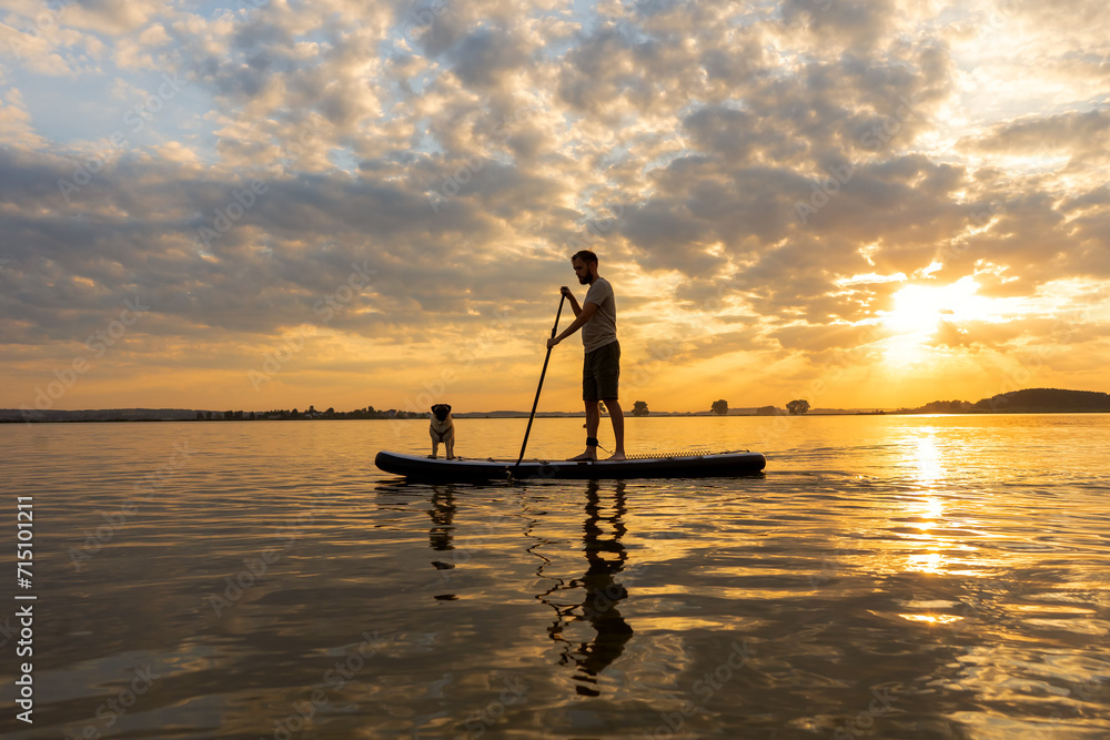 Man paddle boarding at lake during sunset together with pug dog. Concept of active tourism and supping with pets. Brave Dog Standing on SUP Board. aesthetically wide shot. 