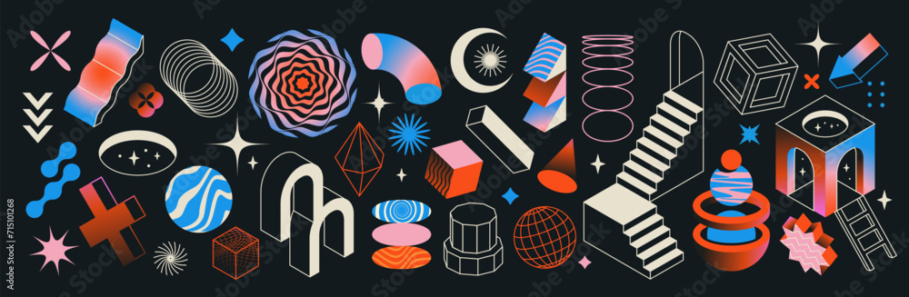 Set of surreal elements. Psychedelic geometric shapes, abstract columns, stairs and lines. Design for stickers in trendy groovy style. Neon vector illustrations collection isolated on black background