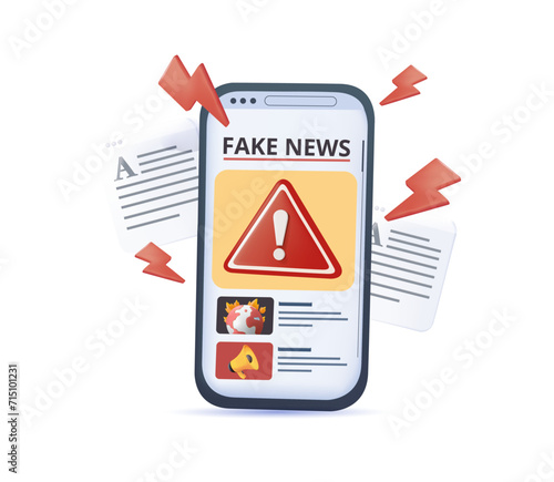 Fake news on phone 3D vector illustration. Cartoon disinformation concept, fake facts in social media with megaphone
