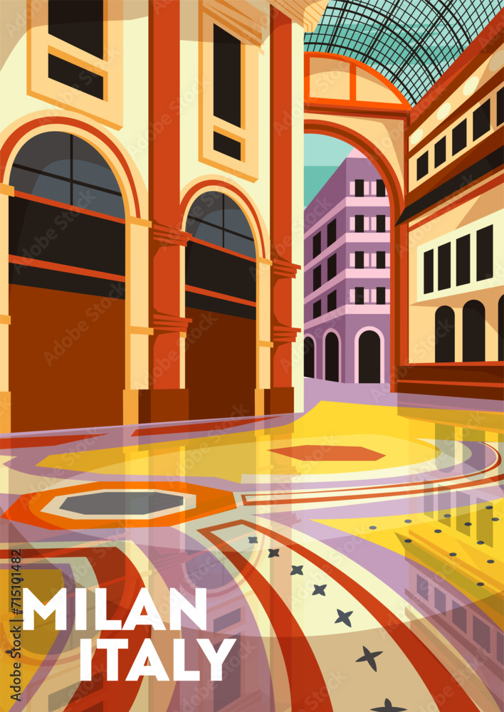 Fototapeta premium Travel Destination Poster. Beautiful cityscape with architectural landmarks and historical buildings of Milan. Vacation or holiday in Italian city. Journey to Europe. Cartoon flat vector illustration