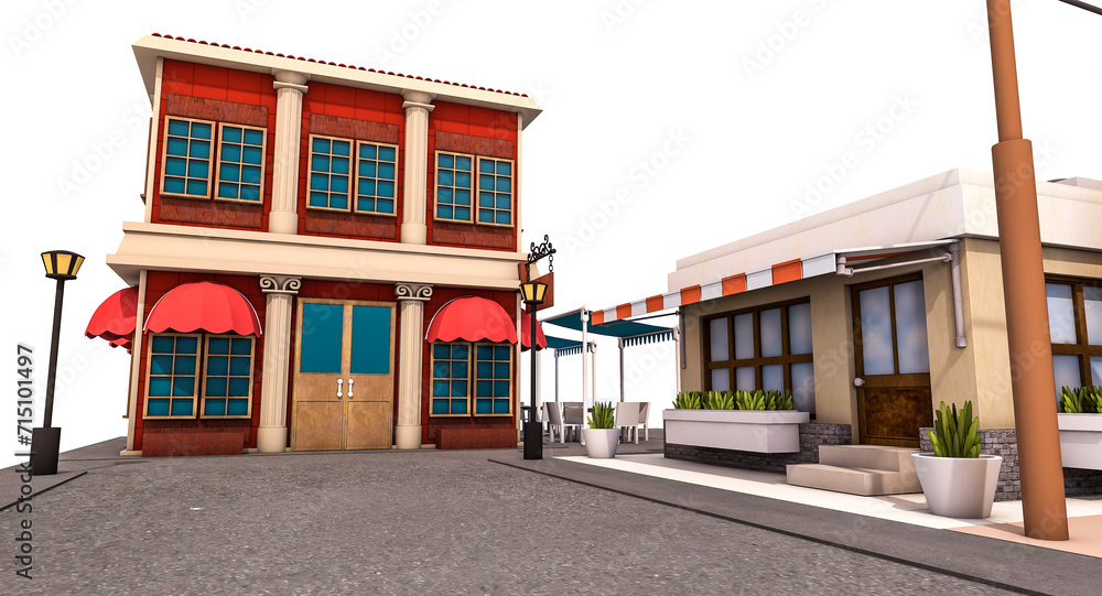 Naklejka premium 3D rendering of stylized cartoon little town environment with a tiny house, a cafe and a restaurant on white background