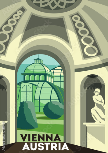 Travel Destination Poster. Landscape with beautiful Austrian Cathedral. Retro cover with Vienna architectural landmarks. Journey, vacation or holiday in European city. Cartoon flat vector illustration