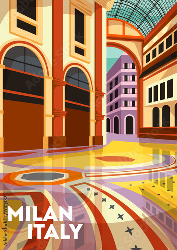 Travel Destination Poster. Beautiful cityscape with architectural landmarks and historical buildings of Milan. Vacation or holiday in Italian city. Journey to Europe. Cartoon flat vector illustration