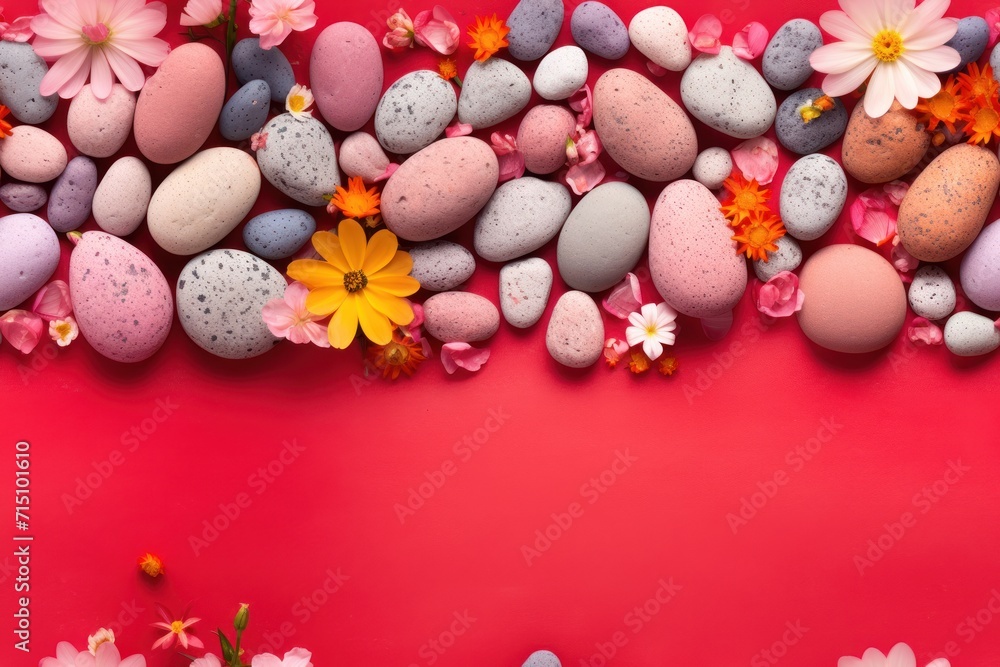 a bunch of rocks and flowers on a red background with a place for the text on the top of the picture. a bunch of rocks and flowers on a red background with a place for the text on the top of the picture.