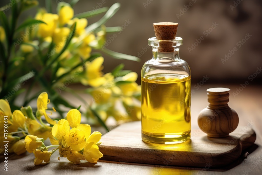 a bottle of oil sitting on top of a wooden cutting board next to a vase with yellow flowers in it. a bottle of oil sitting on top of a wooden cutting board next to a vase with yellow flowers in it.