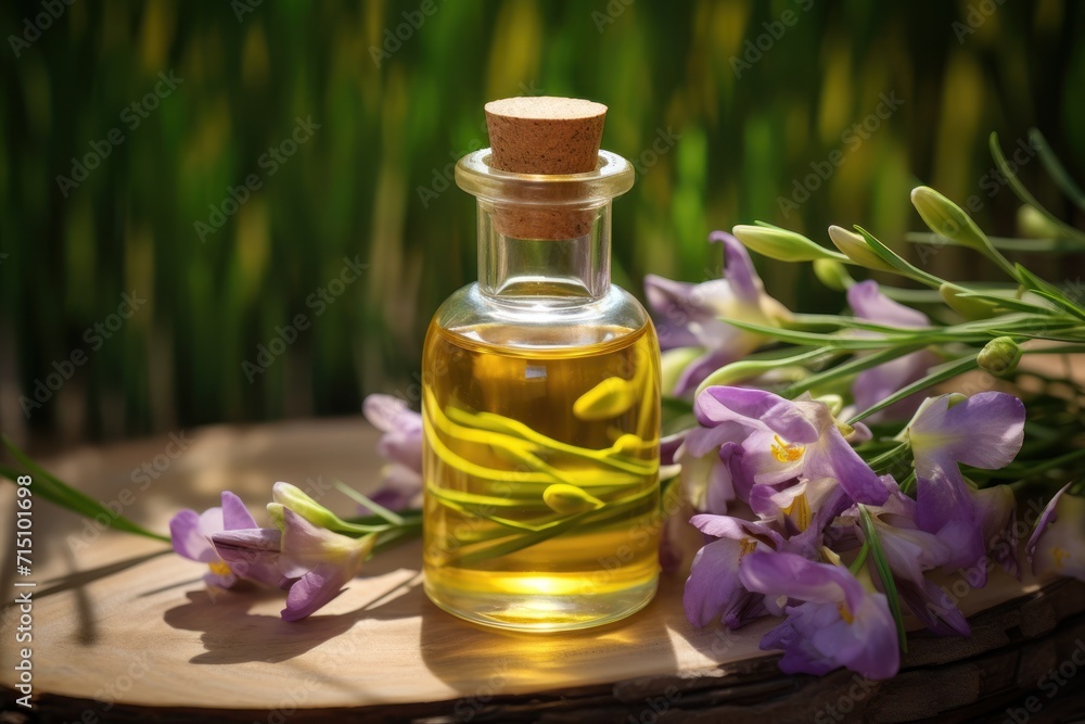 a bottle of oil sitting on top of a wooden table next to a bunch of purple flowers on a table. a bottle of oil sitting on top of a wooden table next to a bunch of purple flowers on a table.