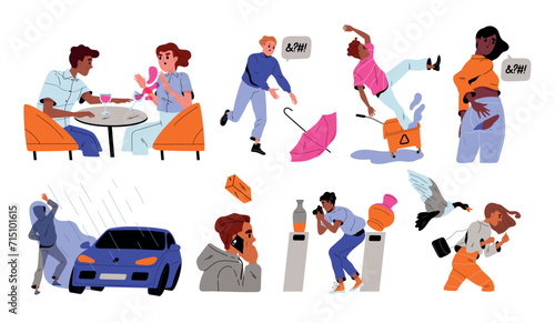 Set of People having Unlucky day. Characters slip on wet floor, fall into puddle and break vase. Accident or incident. Negative emotions. Cartoon flat vector illustrations isolated on white background