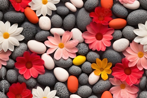  a close up of a bunch of rocks with flowers and rocks in the shape of flowers on top of them.