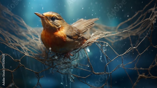 little bird entangled in a net, ecology, pollution, save nature photo