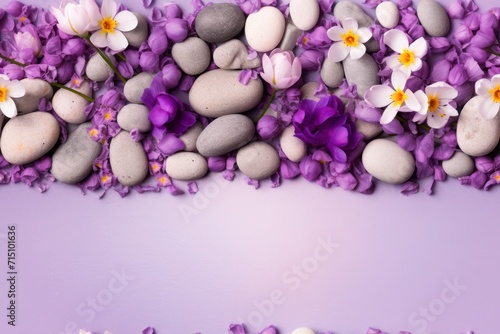  a bunch of rocks and flowers on a purple background with a place for a text or a name on it.