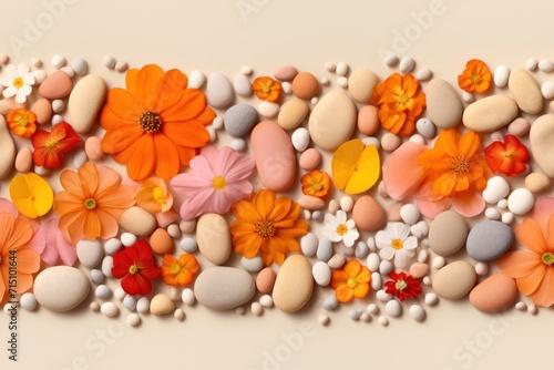  a close up of a bunch of rocks and flowers on a white surface with rocks and flowers in the middle.