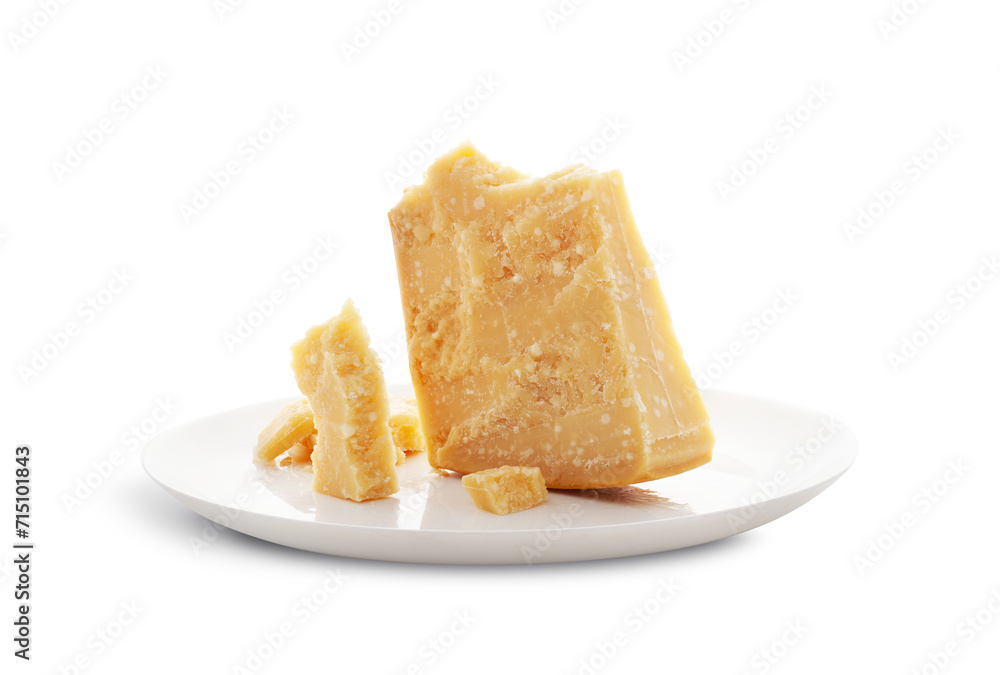 Aged parmesan cheese or parmigiano reggiano on a white plate