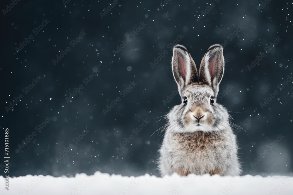 a rabbit is sitting in the snow in front of a dark background with snow flakes and snow flakes. a rabbit is sitting in the snow in front of a dark background with snow flakes and snow flakes.