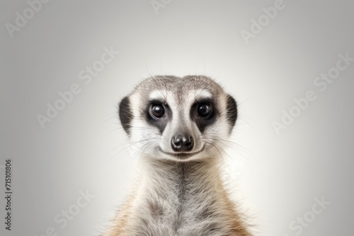  a close - up of a meerkat's face with a white back ground and a gray background.