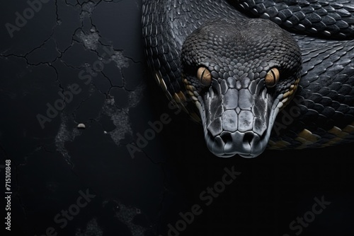  a close up of a snake's head on a black background with a crack in the wall behind it.