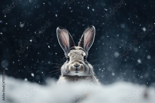  a close up of a rabbit's face in front of a dark background with snow falling on the ground. © Nadia