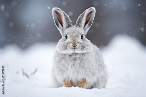  a rabbit is sitting in the snow and looking at the camera with a surprised look on its face and ears.