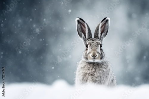  a rabbit is sitting in the snow with its ears up and it's eyes closed and it's ears wide open. © Nadia