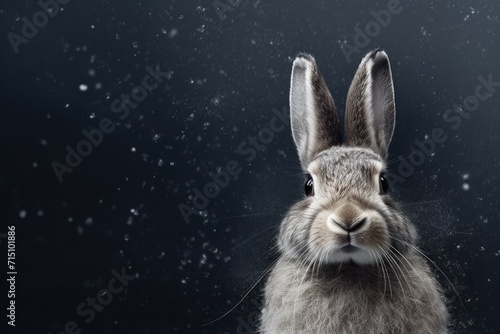  a close up of a rabbit's face with snow flakes on the ground in front of a black background. © Nadia