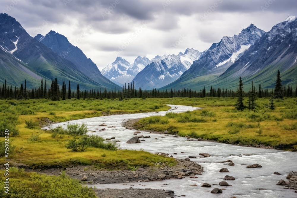  a river running through a lush green field next to a forest filled with tall snow covered mountains on a cloudy day.