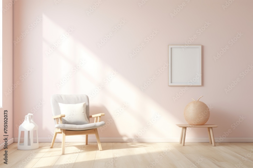 a chair in a pink room with a picture frame on the wall and a vase in the corner of the room. a chair in a pink room with a picture frame on the wall and a vase in the corner of the room.