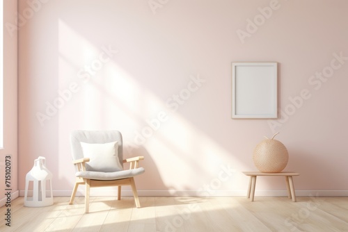  a chair in a pink room with a picture frame on the wall and a vase in the corner of the room.