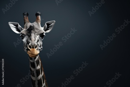  a close up of a giraffe's face on a black background with a white spot in the middle of the giraffe's head.