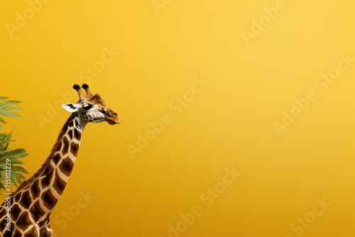  a giraffe standing in front of a yellow wall next to a green leafy plant on a yellow background.