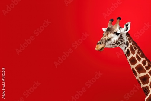  a close up of a giraffe's head on a red background with a red wall in the background.