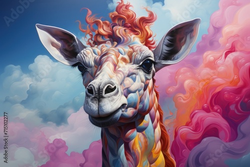  a painting of a giraffe with red, orange, and pink smoke coming out of it's mouth.