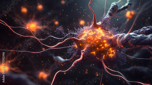 Neurological brain cell cluster  firing neurons on dark background 