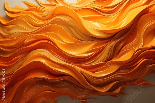  a close up of a painting of a wave of orange and yellow paint on a beige background with a white wall in the background.
