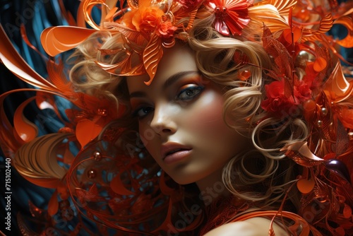  a close up of a woman's face with a flower in her hair and an orange flower in her hair.