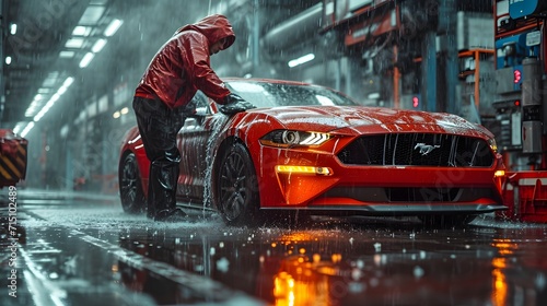 man is washing his red car in darkness © Stream Skins