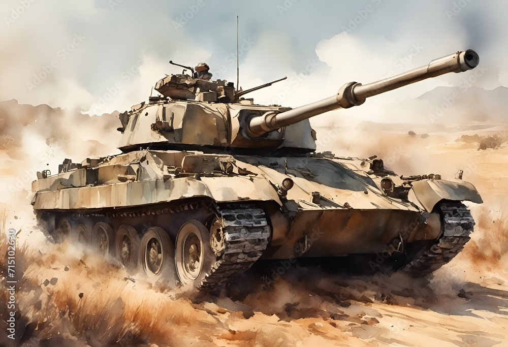 AI generated illustration of a military tank creating a dusty explosion in the sandy terrain AI generated illustration of a military tank creating a dusty explosion in the sandy terrain