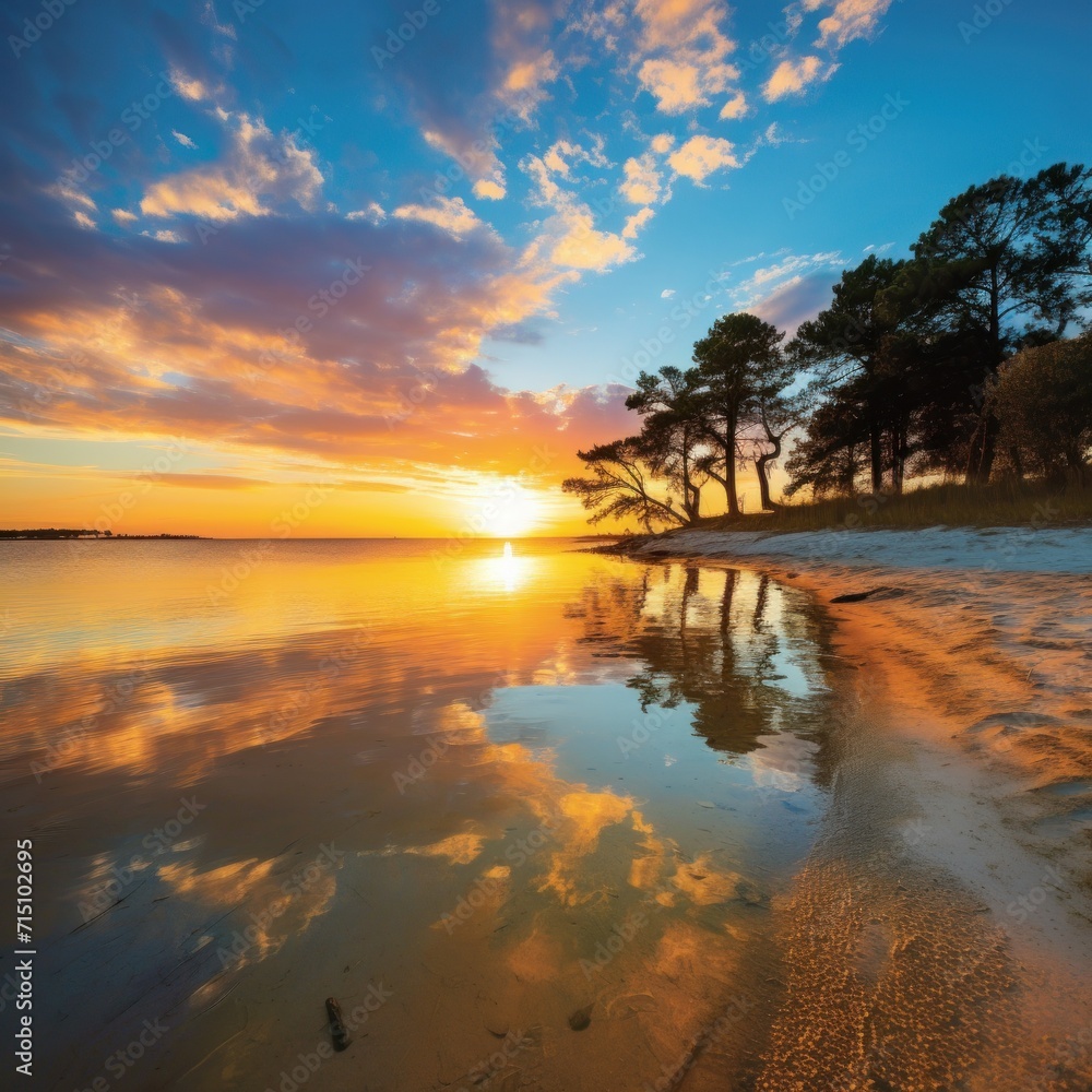  the sun is setting over the water on the shore of a beach with sand and trees in the foreground.