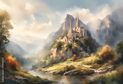 AI generated illustration of a majestic castle nestled amidst rocky terrain and a serene river